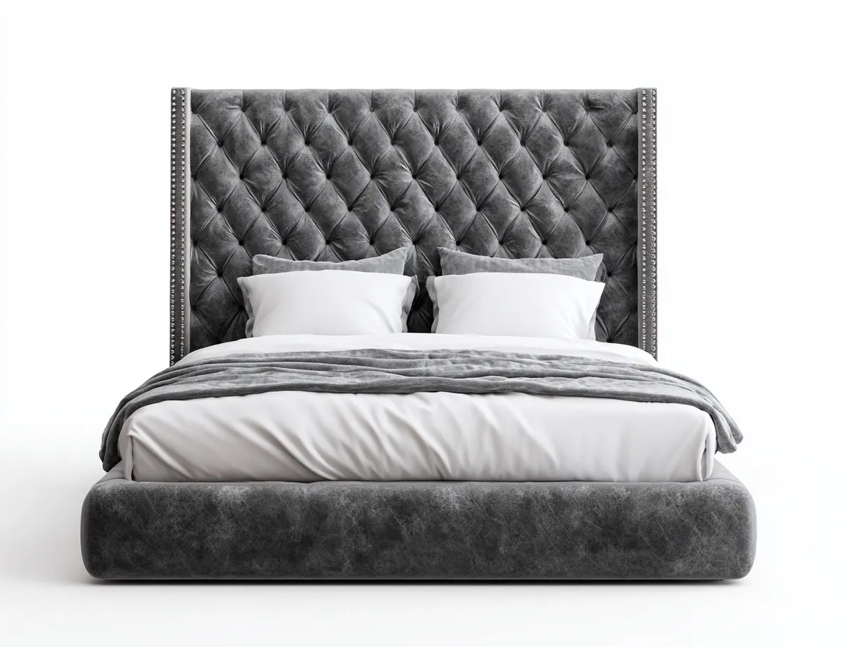 Lit double - bois-velours - 222 x 178 x 118 cm - gris foncé - style capitonné classique-Modiiohaus