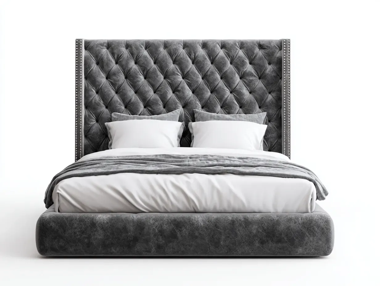 Lit double - bois-velours - 222 x 178 x 118 cm - gris foncé - style capitonné classique-Modiiohaus