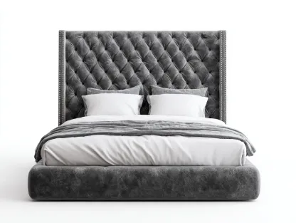 Lit double - bois-velours - 222 x 178 x 118 cm - gris foncé - style capitonné classique-Modiiohaus