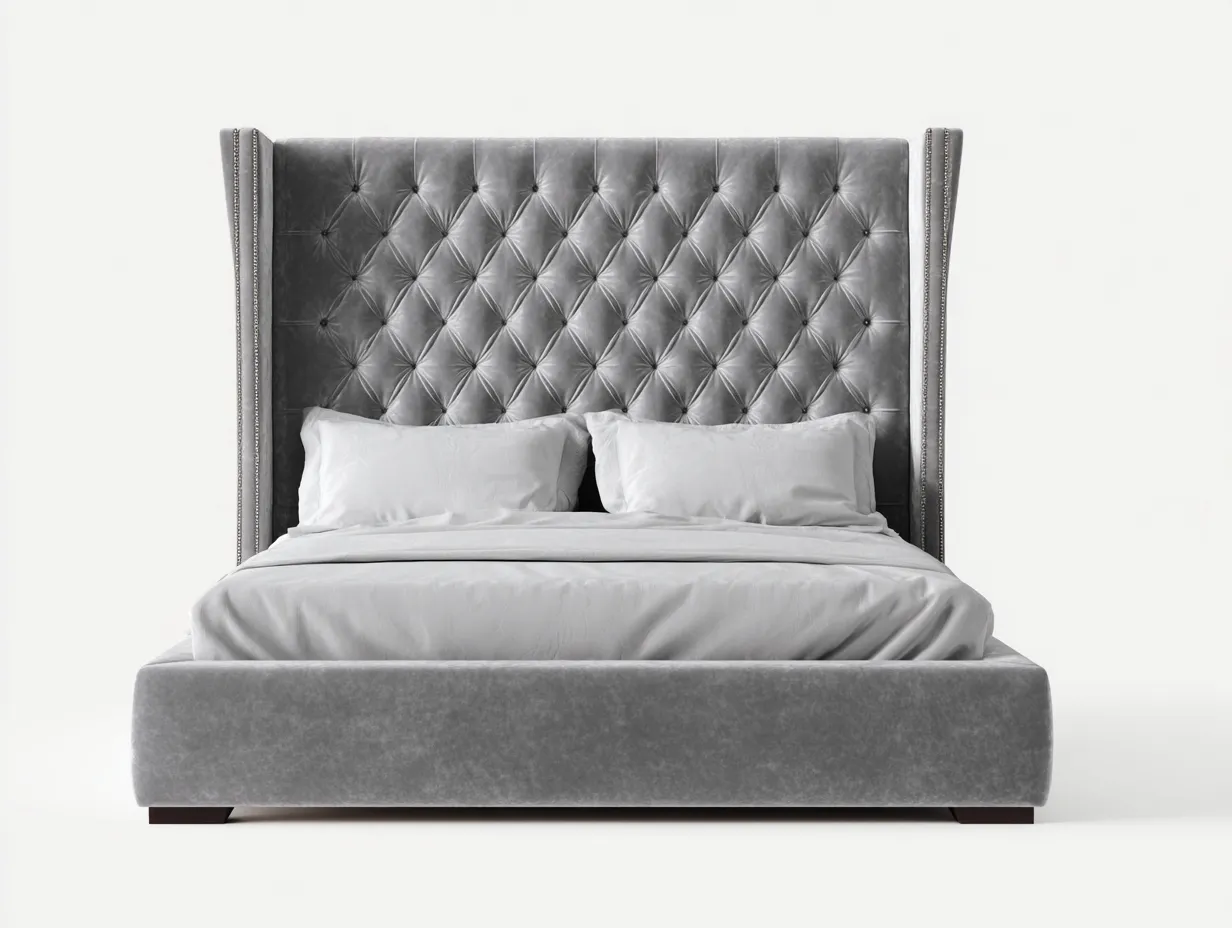 Lit double - bois-velours - 224 x 176 x 125 cm - gris - style capitonné moderne-Modiiohaus