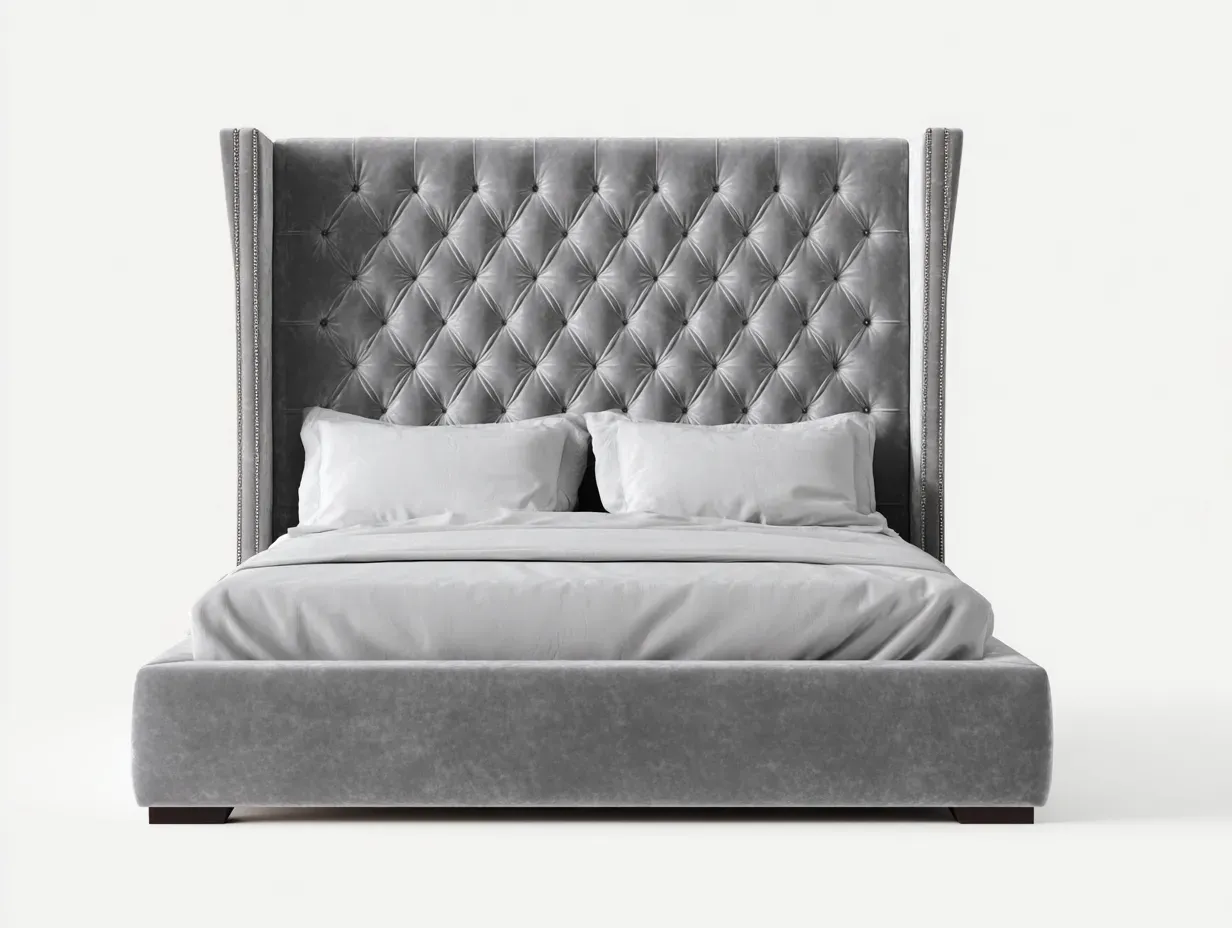 Lit double - bois-velours - 224 x 176 x 125 cm - gris - style capitonné moderne-Modiiohaus