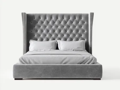 Lit double - bois-velours - 224 x 176 x 125 cm - gris - style capitonné moderne-Modiiohaus