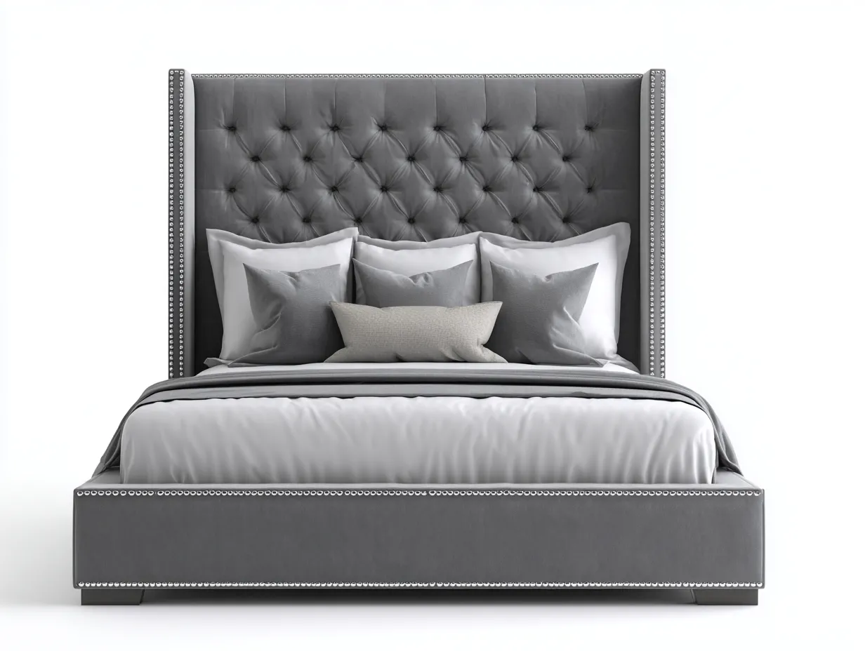 Lit double - bois-velours - 226 x 180 x 128 cm - gris foncé - style capitonné contemporain-Modiiohaus