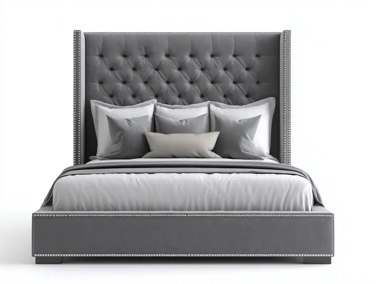Lit double - bois-velours - 226 x 180 x 128 cm - gris foncé - style capitonné contemporain-Modiiohaus