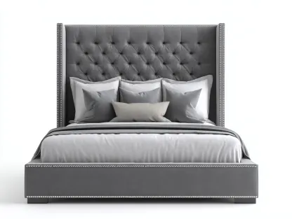 Lit double - bois-velours - 226 x 180 x 128 cm - gris foncé - style capitonné contemporain-Modiiohaus