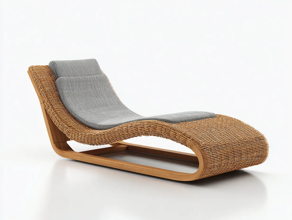 Bain de soleil - Rotin naturel-Bois-Polyester - 188 x 66 x 82 cm - Marron-Gris - Style design-Dosolialiving