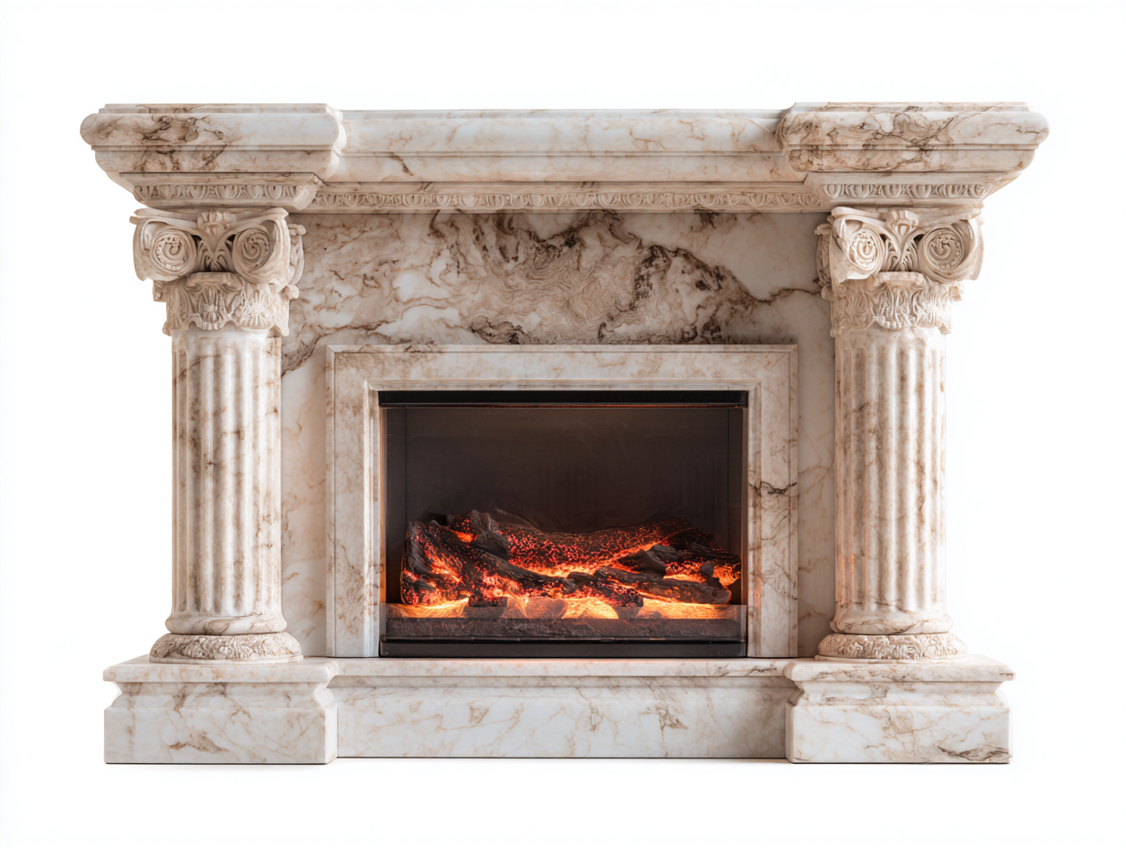Cheminée électrique-Marbre reconstitué-MDF-150 x 35 x 118 cm-Blanc beige veiné-Style classique-Dosolialiving