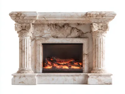 Cheminée électrique-Marbre reconstitué-MDF-150 x 35 x 118 cm-Blanc beige veiné-Style classique-Dosolialiving
