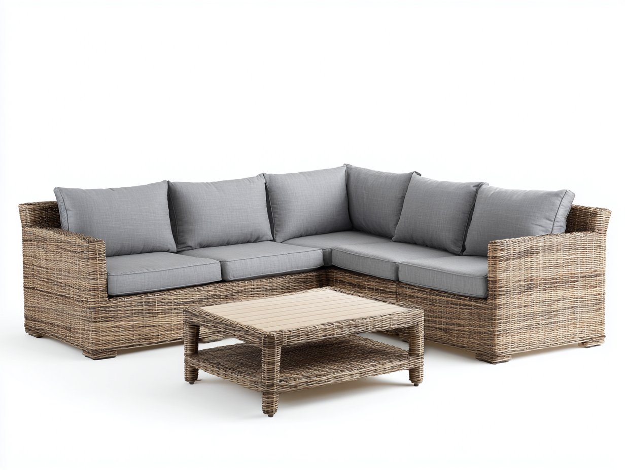 Canapé de jardin - résine tressée-bois-tissu - 232cm x 232cm x 83cm - gris-brun clair - style contemporain-Dosolialiving