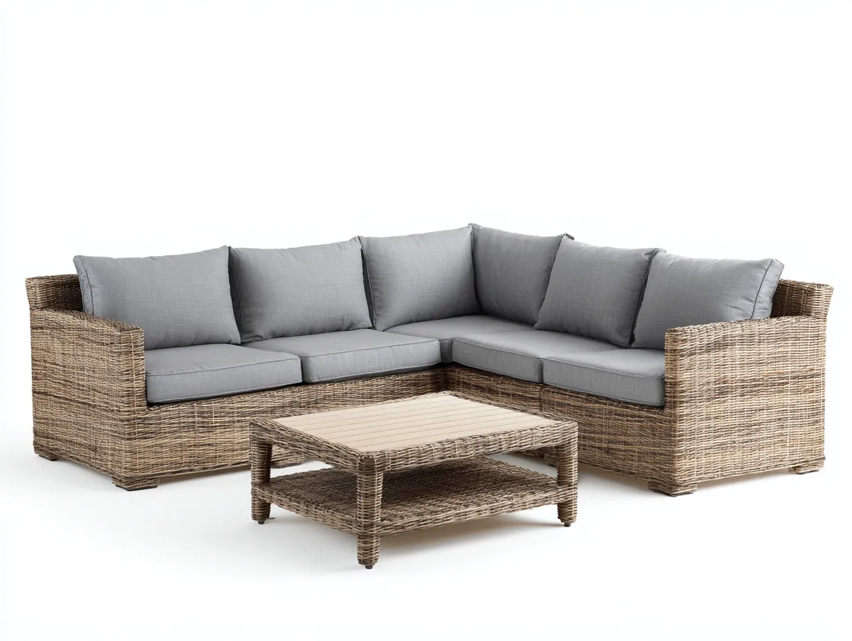 Canapé de jardin - résine tressée-bois-tissu - 232cm x 232cm x 83cm - gris-brun clair - style contemporain-Dosolialiving