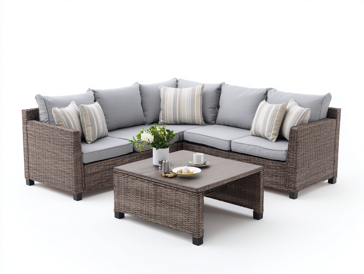 Canapé de jardin - résine tressée-bois-tissu - 224cm x 224cm x 84cm - gris-brun - style contemporain-Dosolialiving