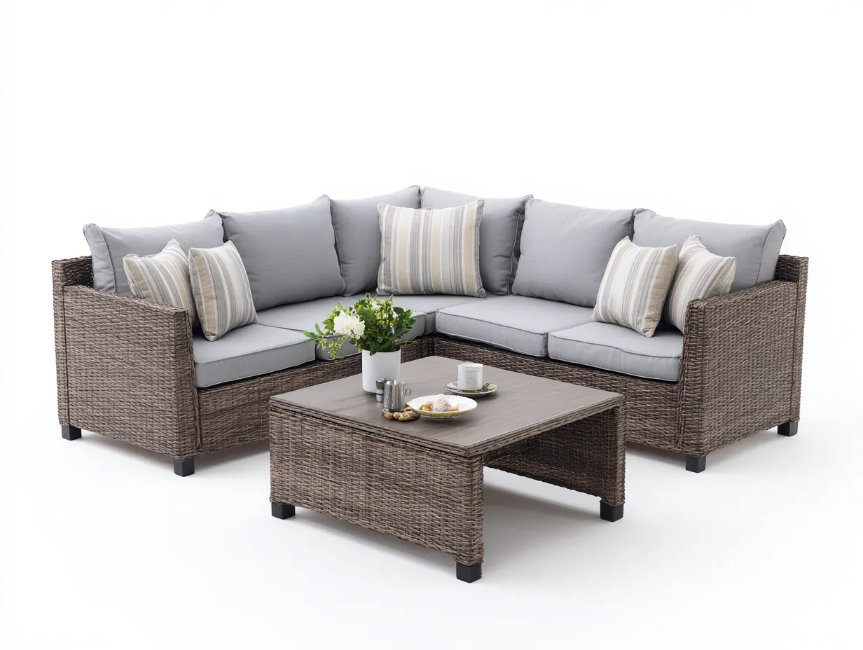 Canapé de jardin - résine tressée-bois-tissu - 224cm x 224cm x 84cm - gris-brun - style contemporain-Dosolialiving