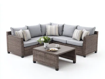 Canapé de jardin - résine tressée-bois-tissu - 224cm x 224cm x 84cm - gris-brun - style contemporain-Dosolialiving