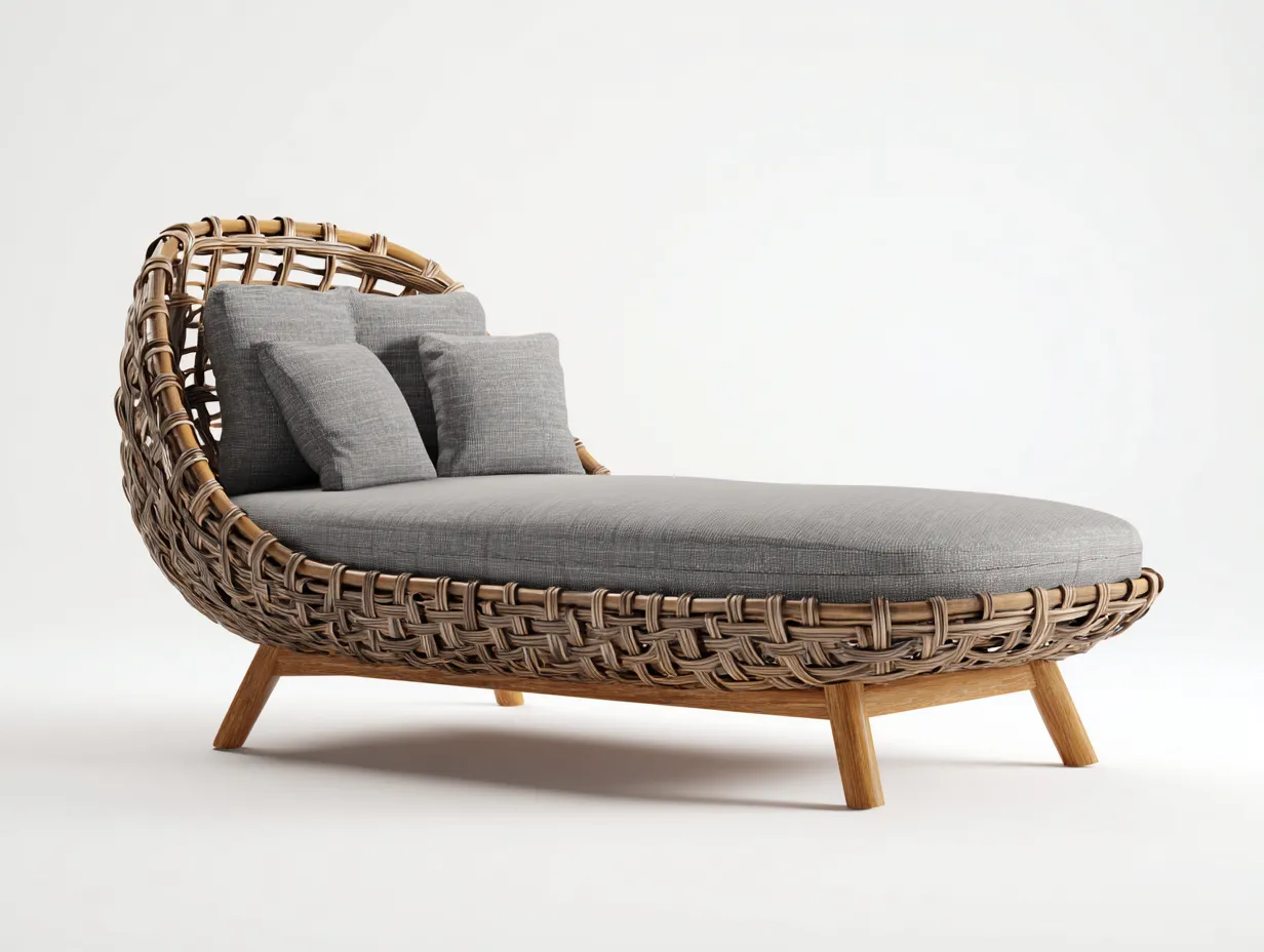 Bain de soleil - Rotin naturel-Bois-Polyester - 190 x 75 x 85 cm - Marron-Gris - Style scandinave-Dosolialiving