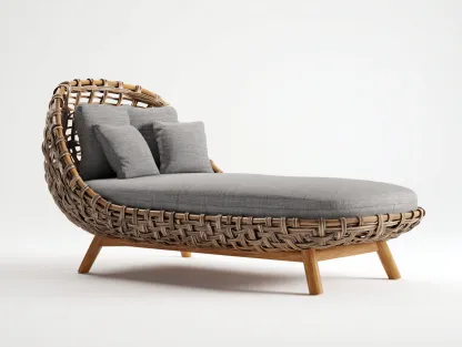 Bain de soleil - Rotin naturel-Bois-Polyester - 190 x 75 x 85 cm - Marron-Gris - Style scandinave-Dosolialiving