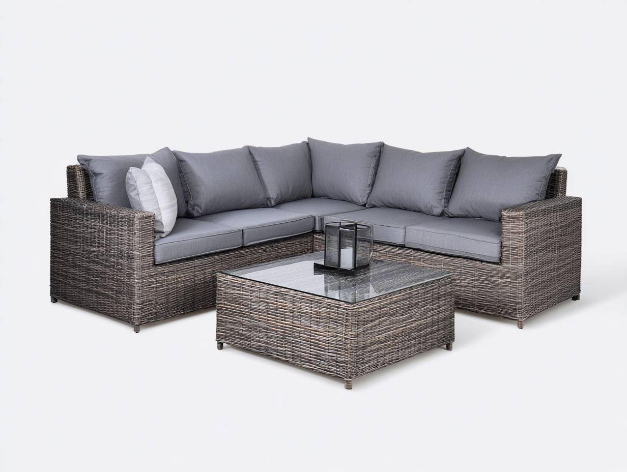 Canapé de jardin - résine tressée-verre-tissu - 216cm x 216cm x 80cm - gris-brun - style moderne-Dosolialiving
