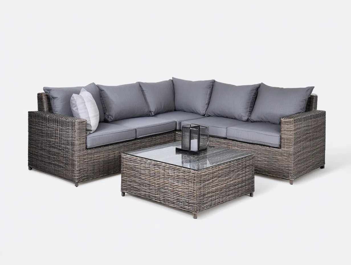 Canapé de jardin - résine tressée-verre-tissu - 216cm x 216cm x 80cm - gris-brun - style moderne-Dosolialiving
