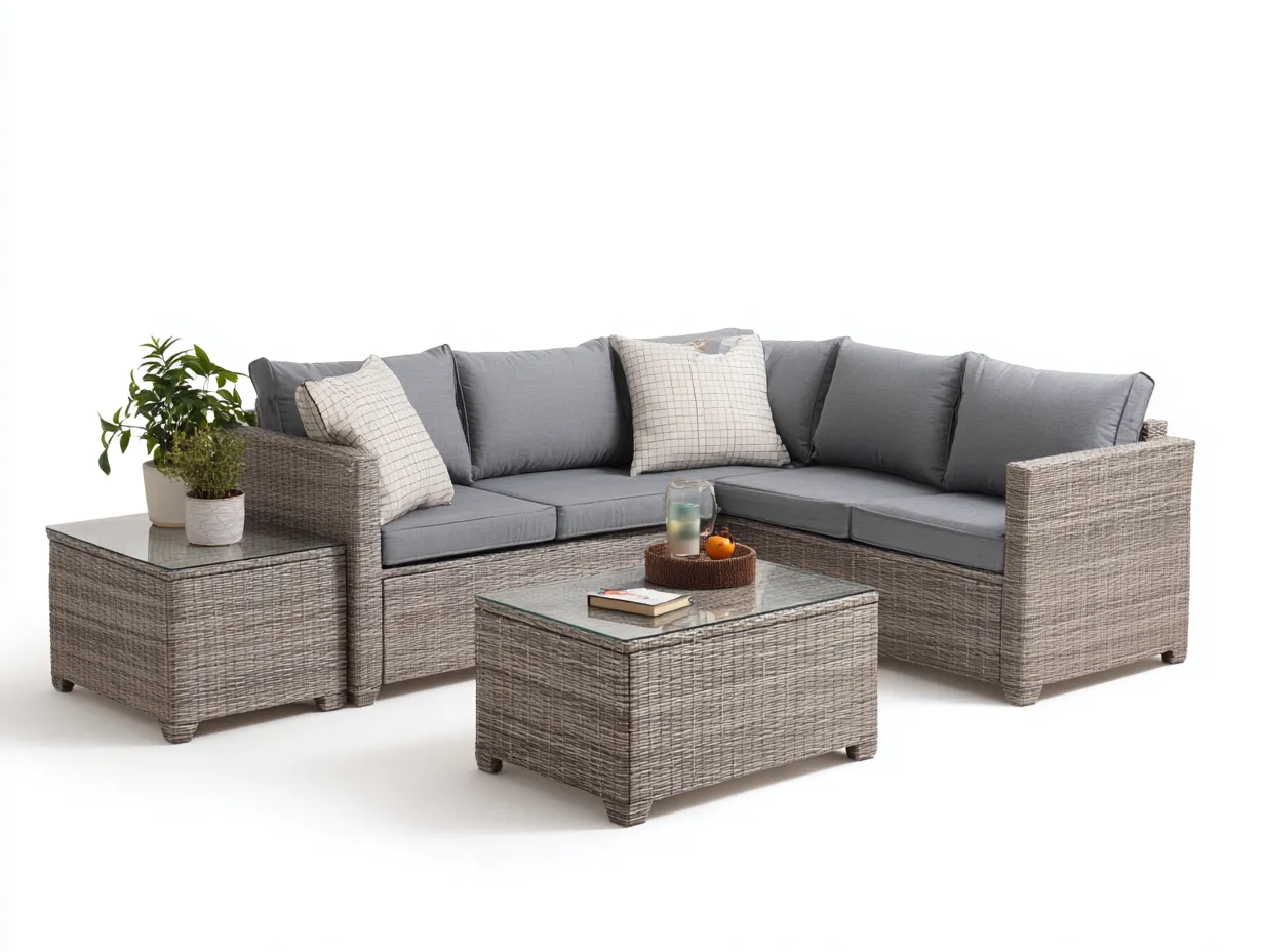 Canapé de jardin - résine tressée-verre-tissu - 236cm x 236cm x 84cm - gris-brun clair - style moderne-Dosolialiving