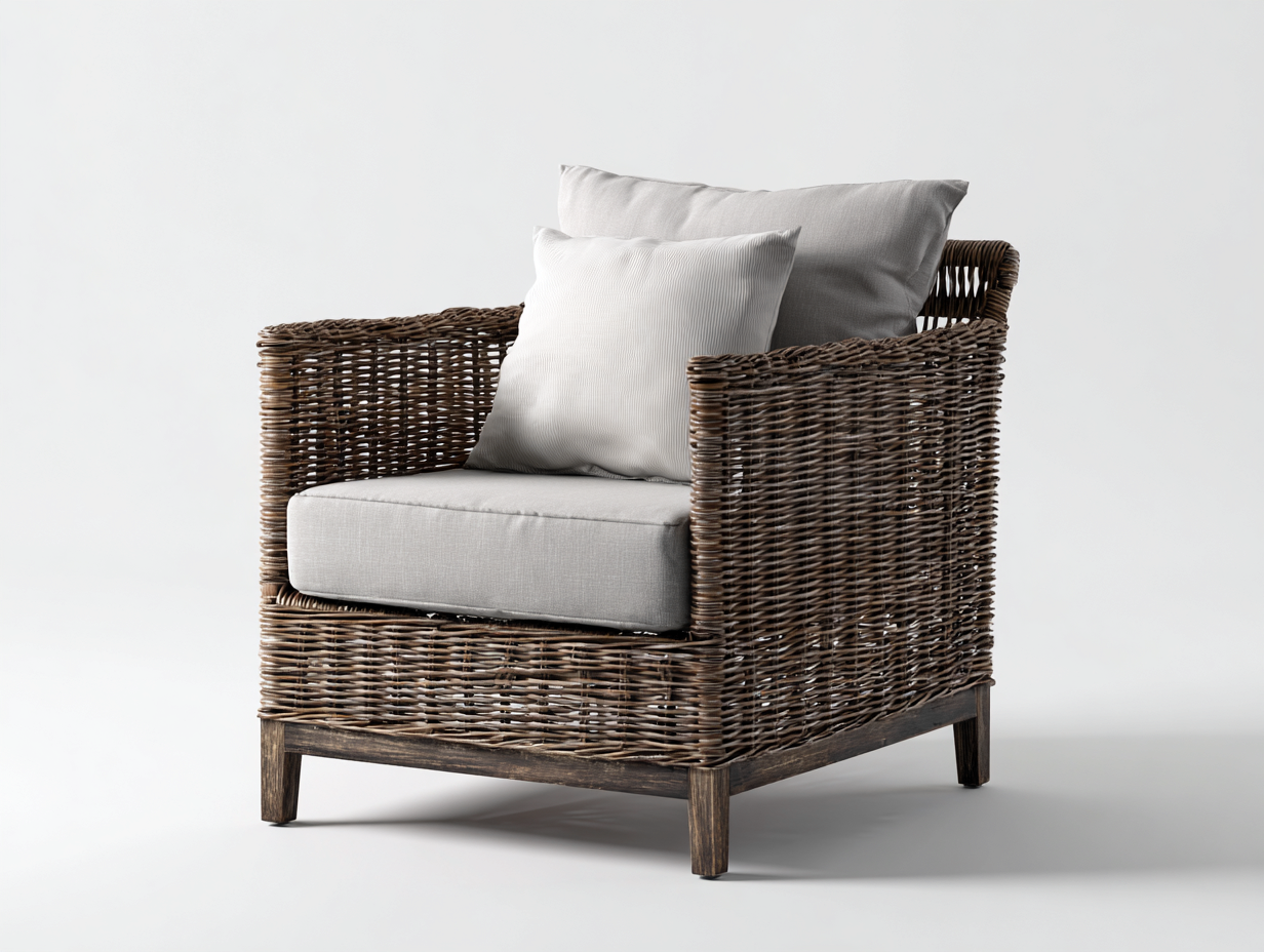 Fauteuil en rotin - rotin-tissu-bois - 90x84x86 cm - brun-gris clair - style naturel contemporain-Vamonzadecor