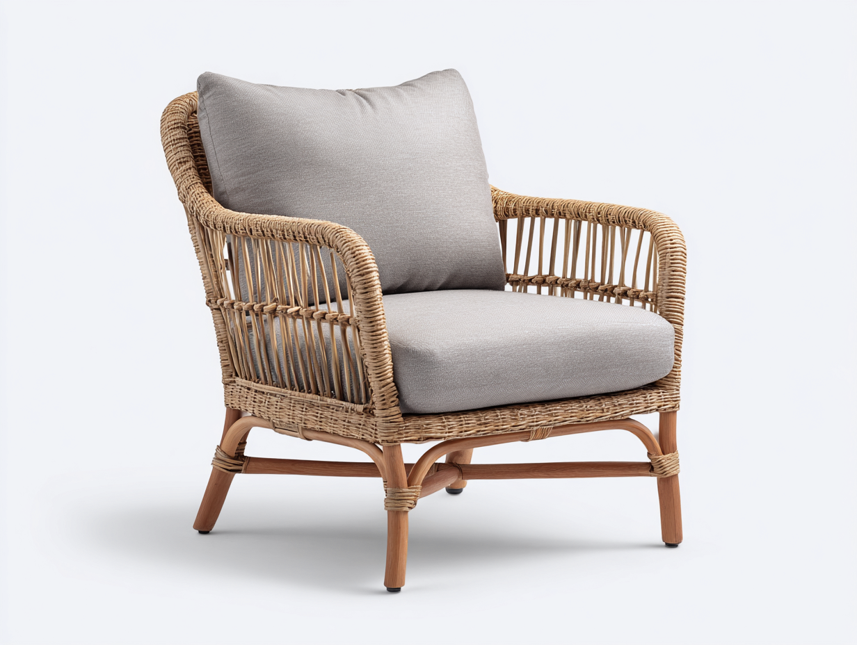 Fauteuil en rotin - rotin-tissu-bois - 85x76x79 cm - rotin naturel-gris - style naturel moderne-Vamonzadecor