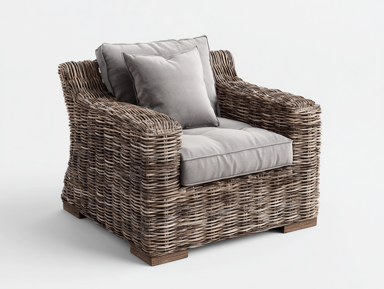 Fauteuil en rotin - rotin-tissu - 90 x 87 x 79 cm - naturel-gris - style naturel rustique moderne-Vamonzadecor