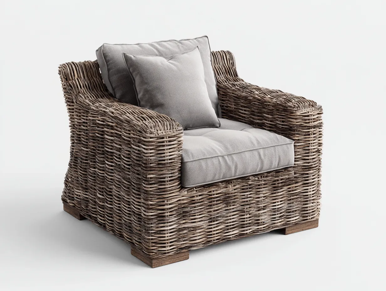 Fauteuil en rotin - rotin-tissu - 90 x 87 x 79 cm - naturel-gris - style naturel rustique moderne-Vamonzadecor