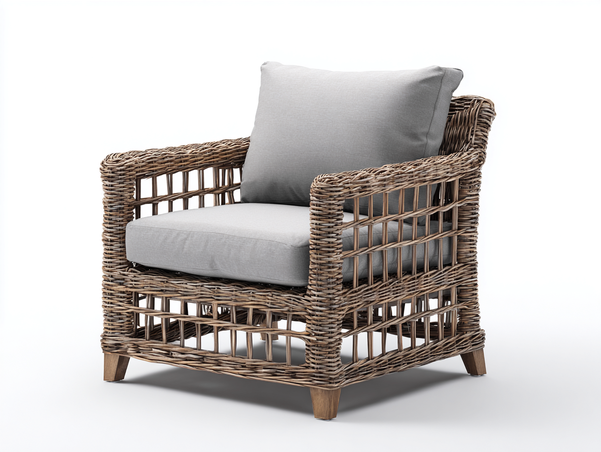 Fauteuil en rotin - rotin-tissu-bois - 88x82x83 cm - rotin naturel-gris clair - style naturel élégant-Vamonzadecor