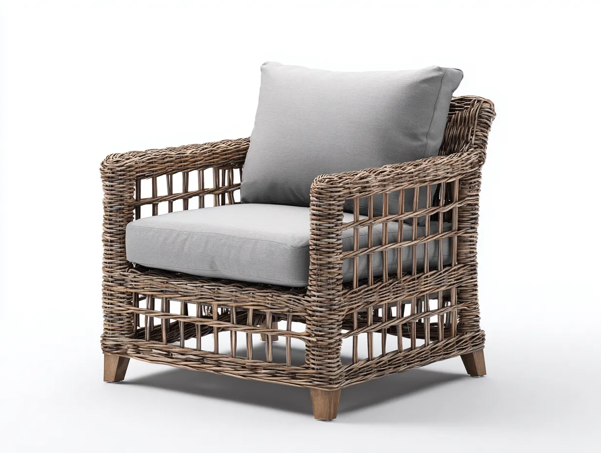 Fauteuil en rotin - rotin-tissu-bois - 88x82x83 cm - rotin naturel-gris clair - style naturel élégant-Vamonzadecor