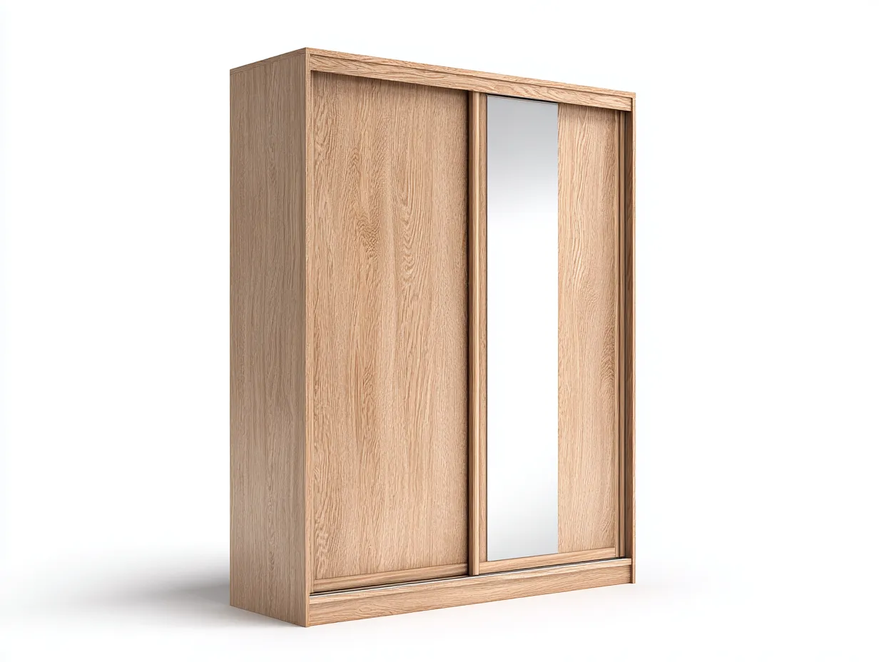 Armoire-Bois massif-verre-160 x 60 x 205 cm-Chêne clair-Style moderne avec miroir coulissant-Sonamodecor