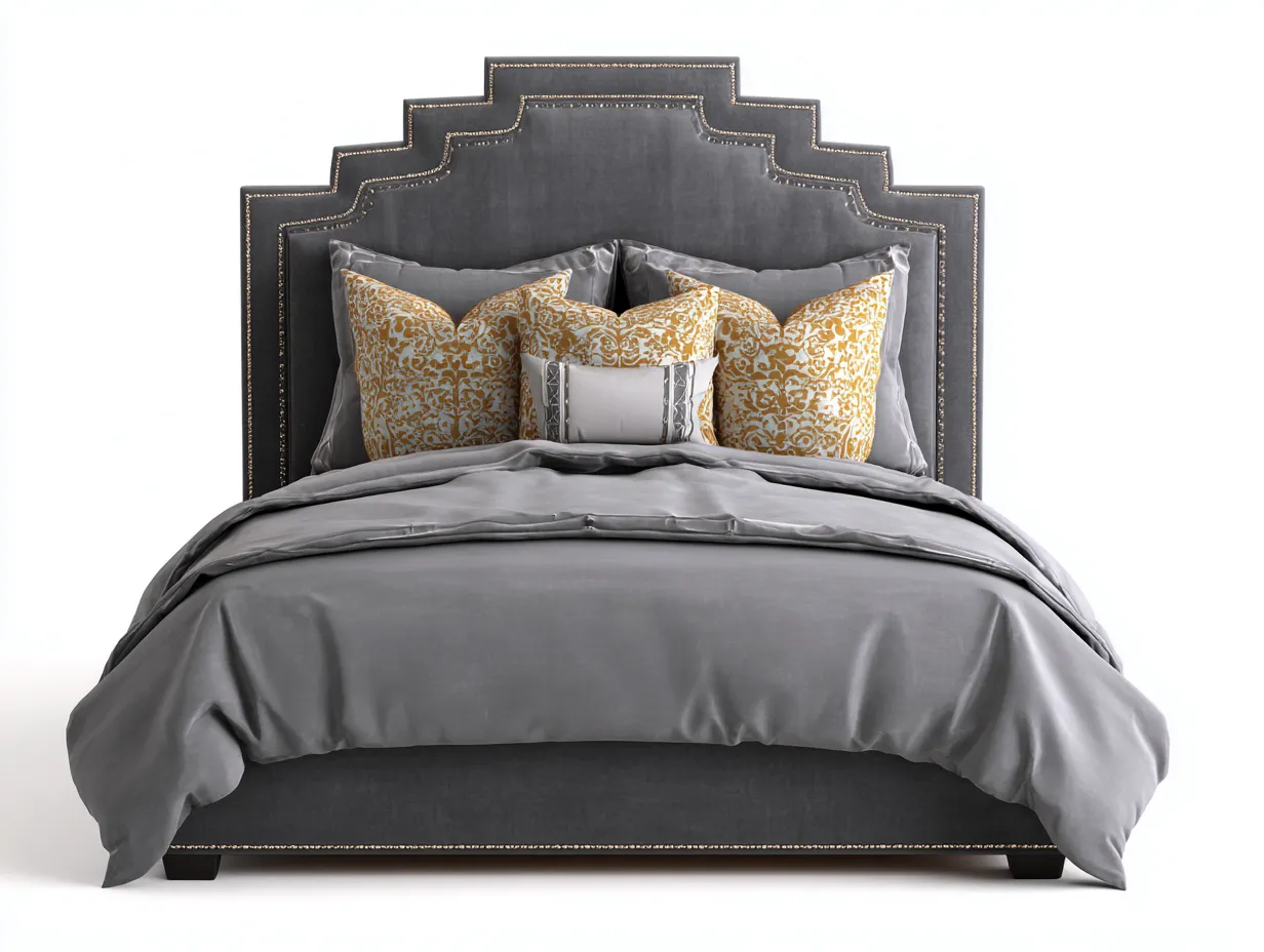 Lit double-tissu-bois-212 x 178 x 135 cm-gris foncé-style classique capitonné avec tête de lit décorative-Sonamodecor