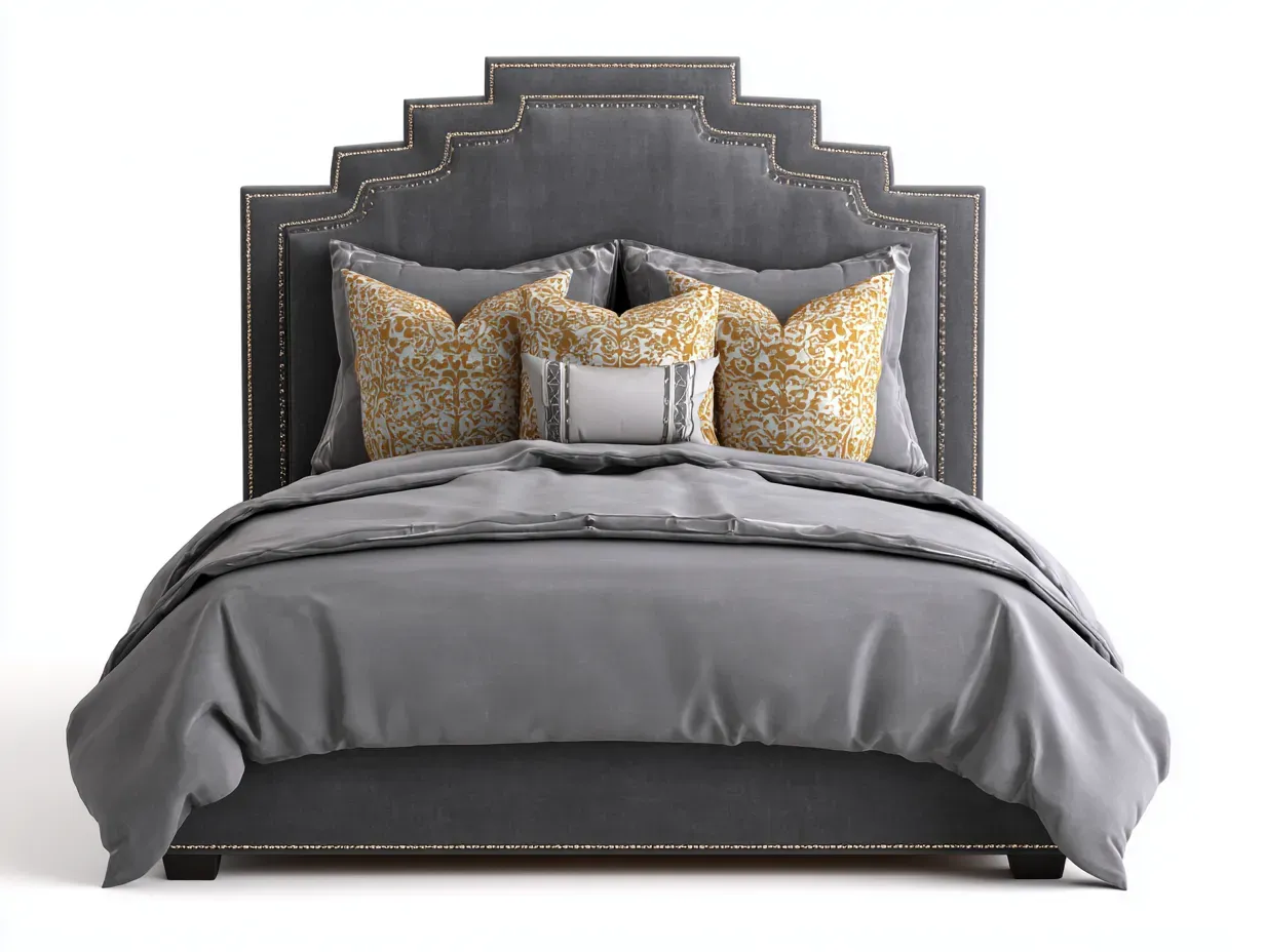 Lit double-tissu-bois-212 x 178 x 135 cm-gris foncé-style classique capitonné avec tête de lit décorative-Sonamodecor