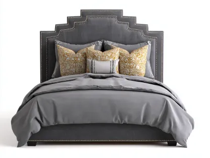 Lit double-tissu-bois-212 x 178 x 135 cm-gris foncé-style classique capitonné avec tête de lit décorative-Sonamodecor