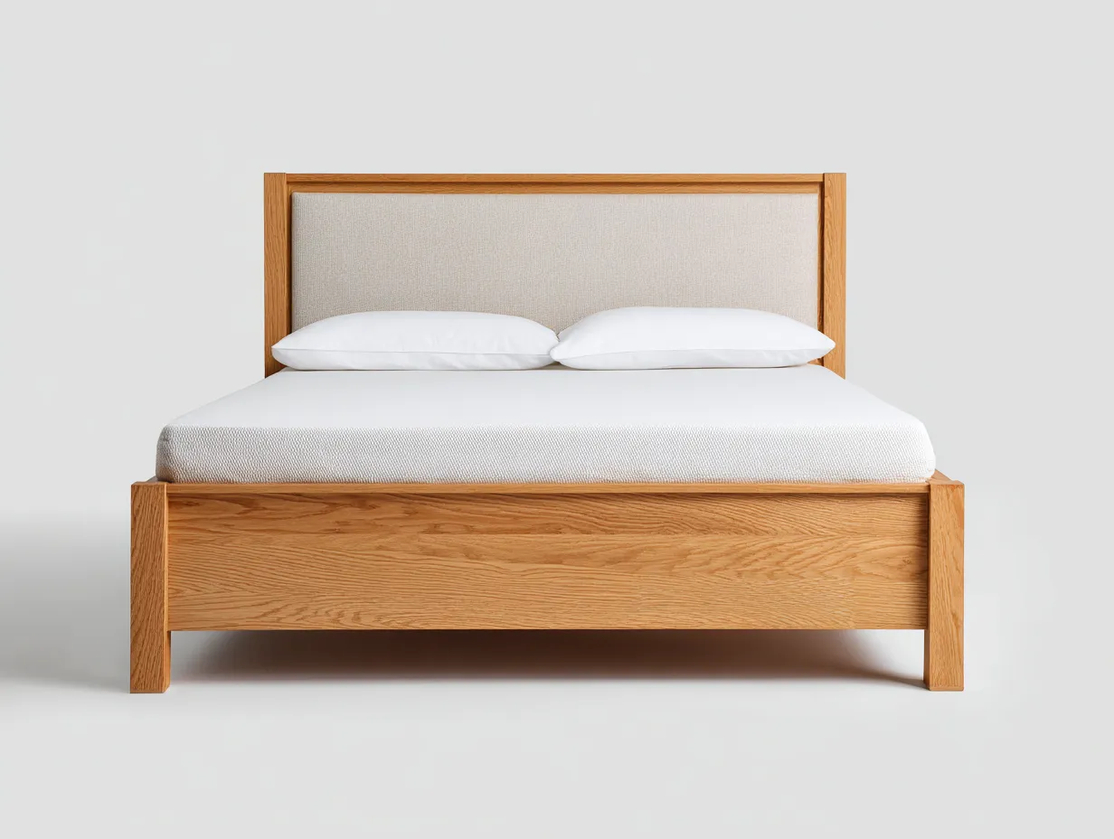 Lit double-bois massif-tissu-205 x 165 x 100 cm-chêne naturel-beige-style contemporain épuré-Sonamodecor