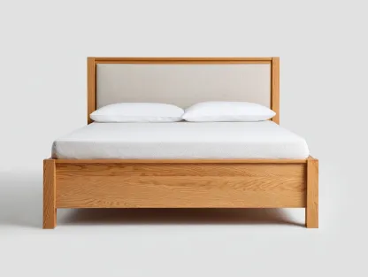 Lit double-bois massif-tissu-205 x 165 x 100 cm-chêne naturel-beige-style contemporain épuré-Sonamodecor