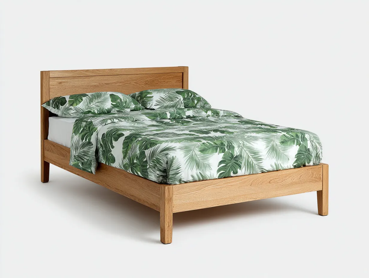 Lit double-bois massif-210 x 170 x 100 cm-chêne naturel-style moderne épuré avec tête de lit pleine-Sonamodecor