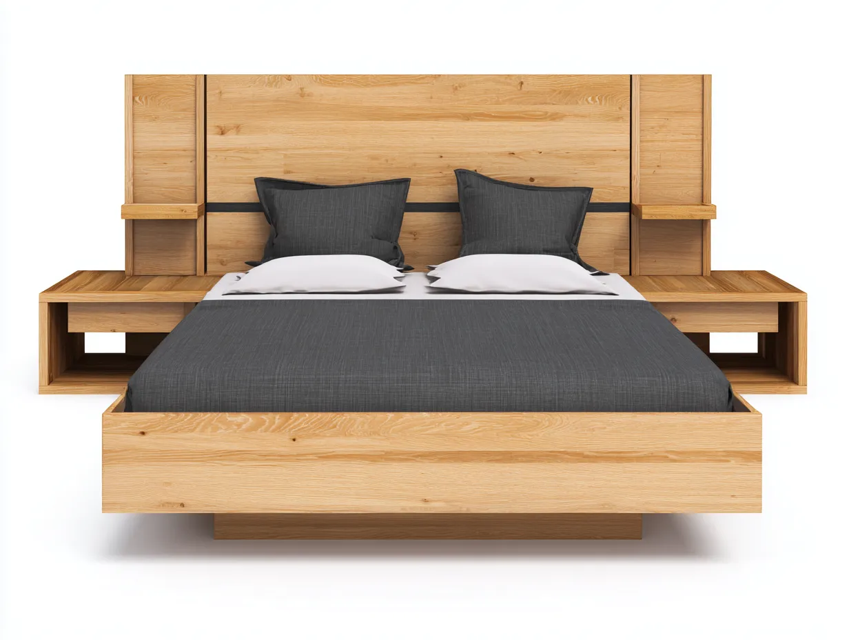 Lit double-bois massif-225 x 265 x 105 cm-chêne naturel-style contemporain avec tête de lit et tablettes intégrées-Sonamodecor