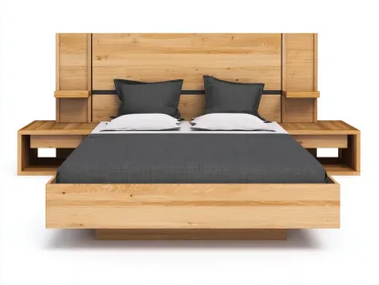 Lit double-bois massif-225 x 265 x 105 cm-chêne naturel-style contemporain avec tête de lit et tablettes intégrées-Sonamodecor
