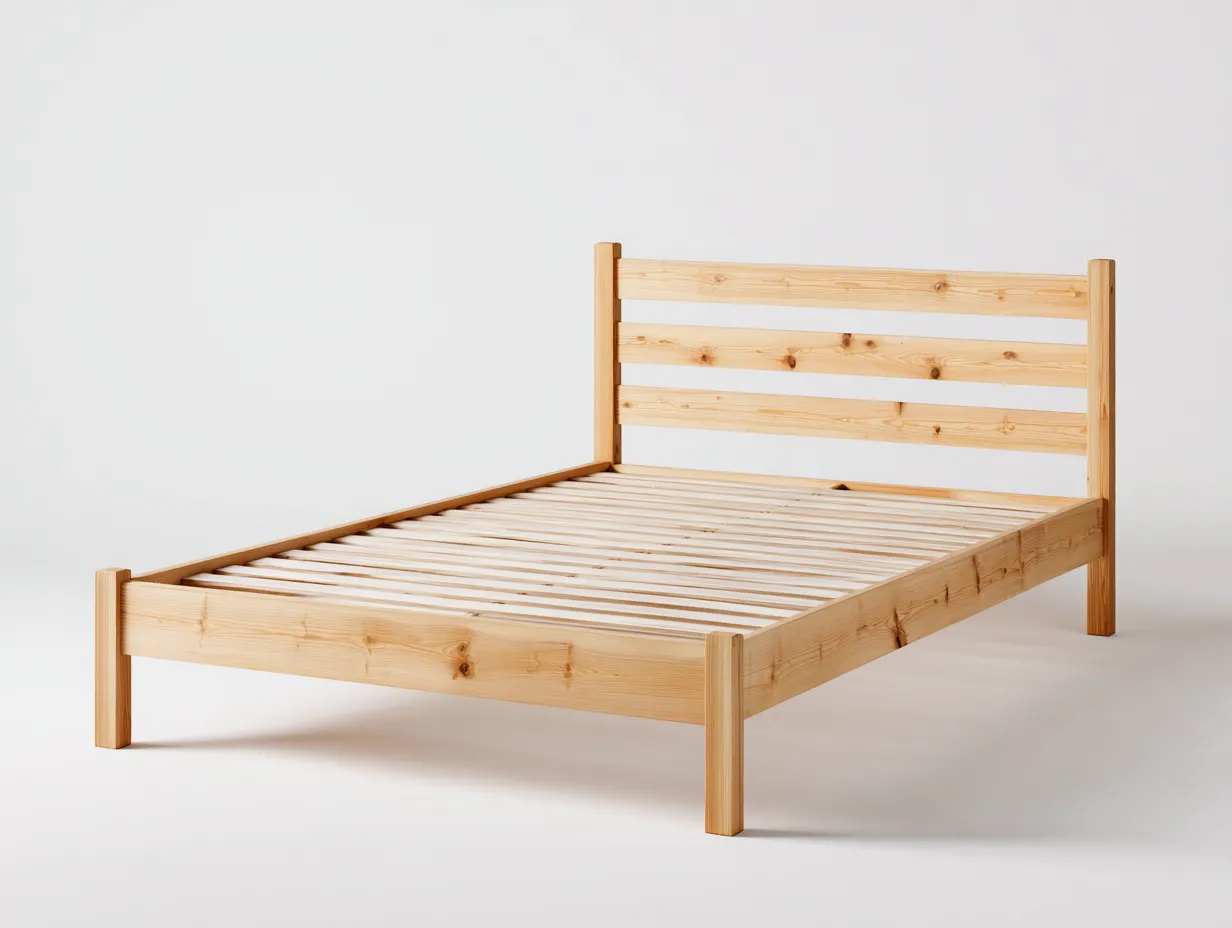 Lit double-bois massif-205 x 165 x 98 cm-pin naturel-style rustique minimaliste avec tête de lit à lattes-Sonamodecor