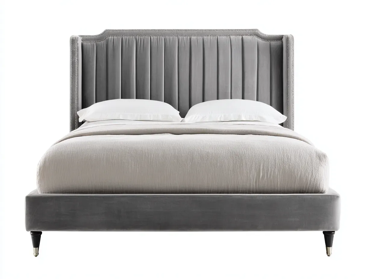 Lit double - bois - velours - 216 x 169 x 134 cm - gris - style moderne-Soviavanest