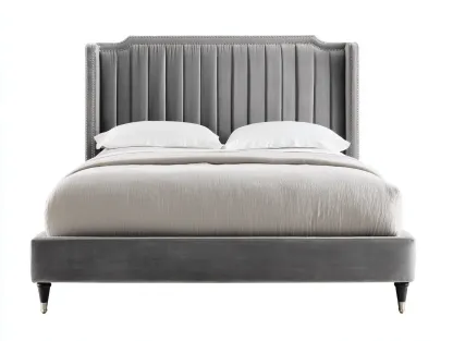 Lit double - bois - velours - 216 x 169 x 134 cm - gris - style moderne-Soviavanest
