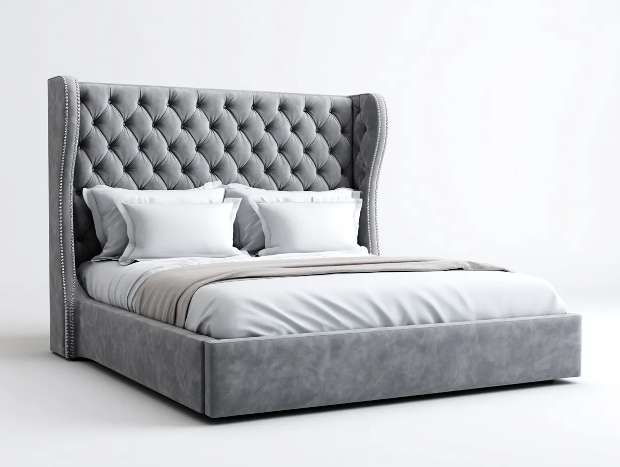 Lit double - bois - velours - 222 x 178 x 138 cm - gris - style classique moderne-Soviavanest