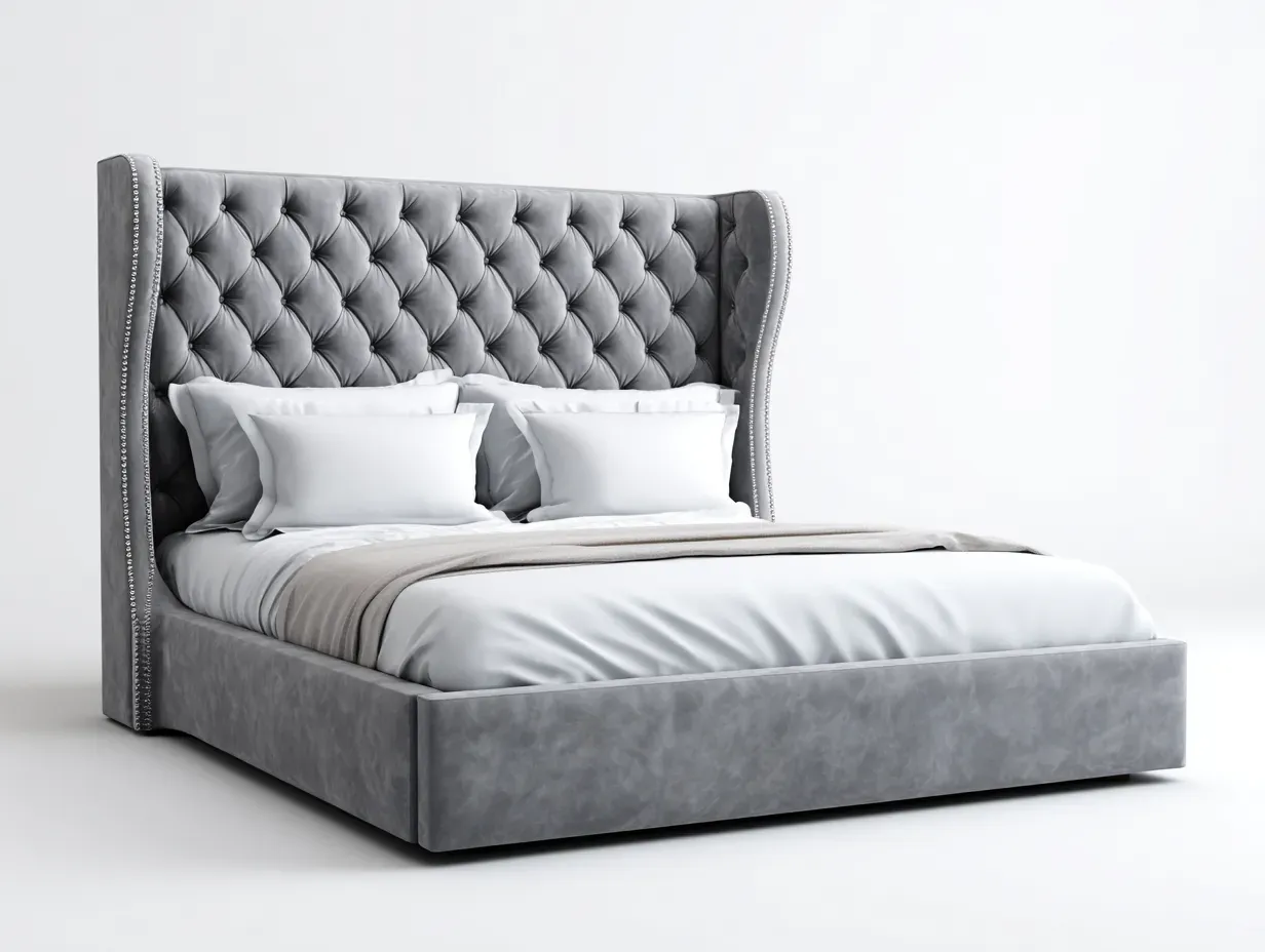 Lit double - bois - velours - 222 x 178 x 138 cm - gris - style classique moderne-Soviavanest