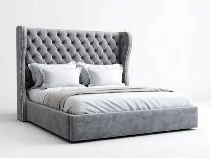 Lit double - bois - velours - 222 x 178 x 138 cm - gris - style classique moderne-Soviavanest