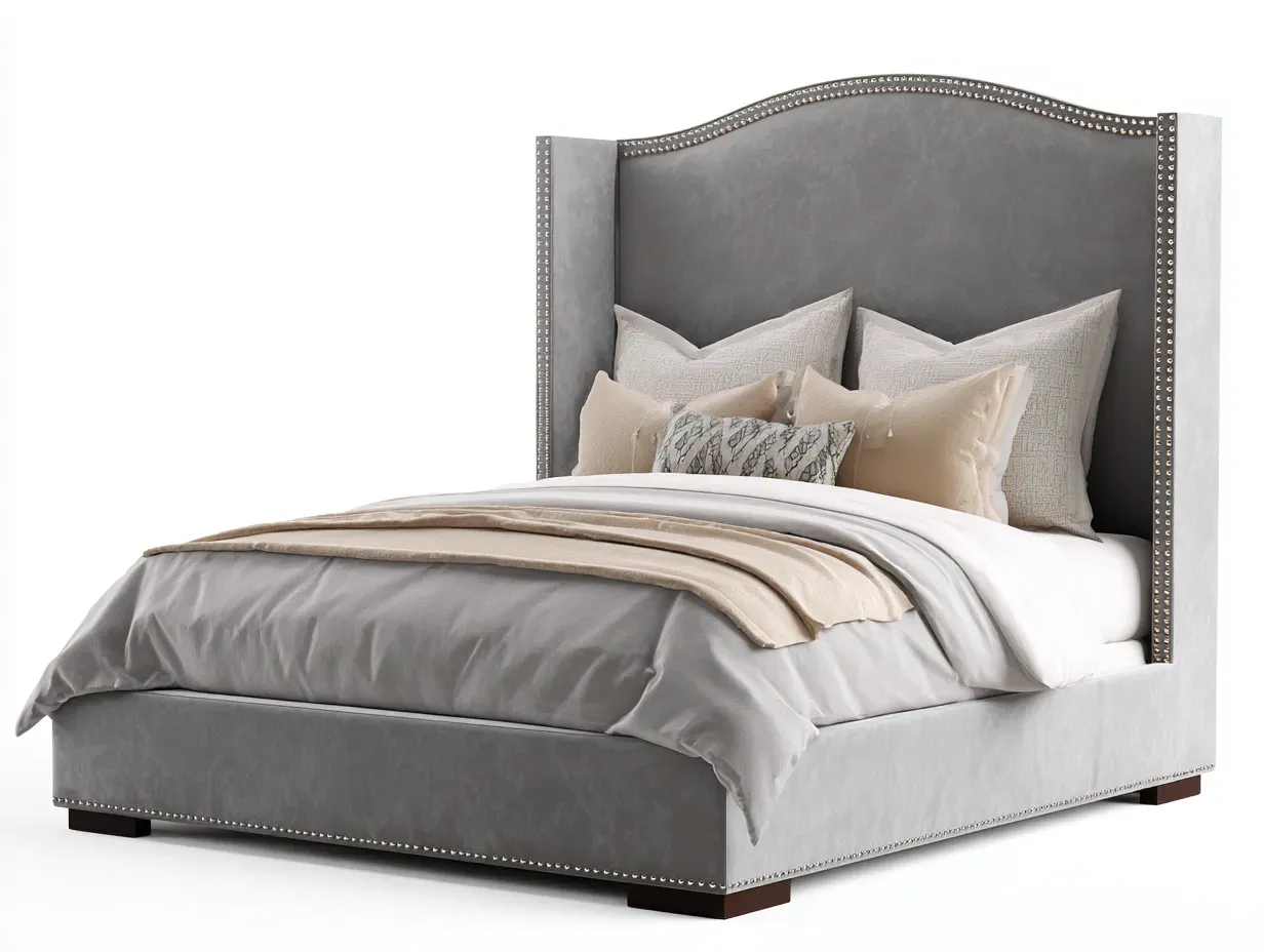 Lit double - bois - velours - 218 x 176 x 136 cm - gris - style classique élégant-Soviavanest
