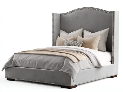 Lit double - bois - velours - 218 x 176 x 136 cm - gris - style classique élégant-Soviavanest