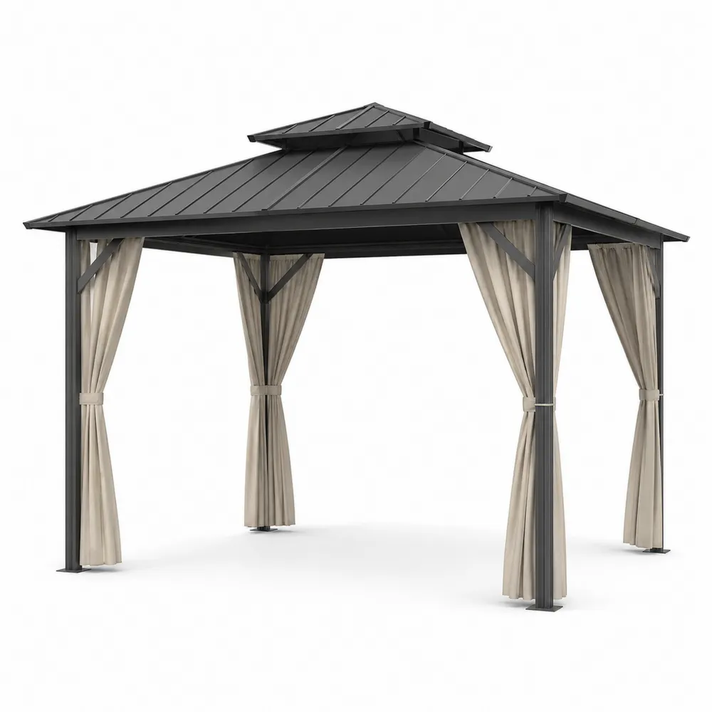 Pérgola de Aluminio con Techo Metálico y Cortinas Beige 3x3 m-Dravtrivoqelx