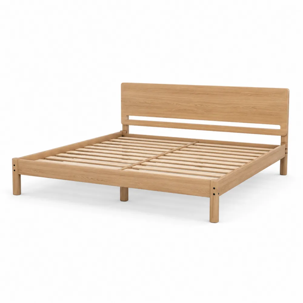 Cama doble de madera de roble con cabecero y base de listones-Dravtrivoqelx