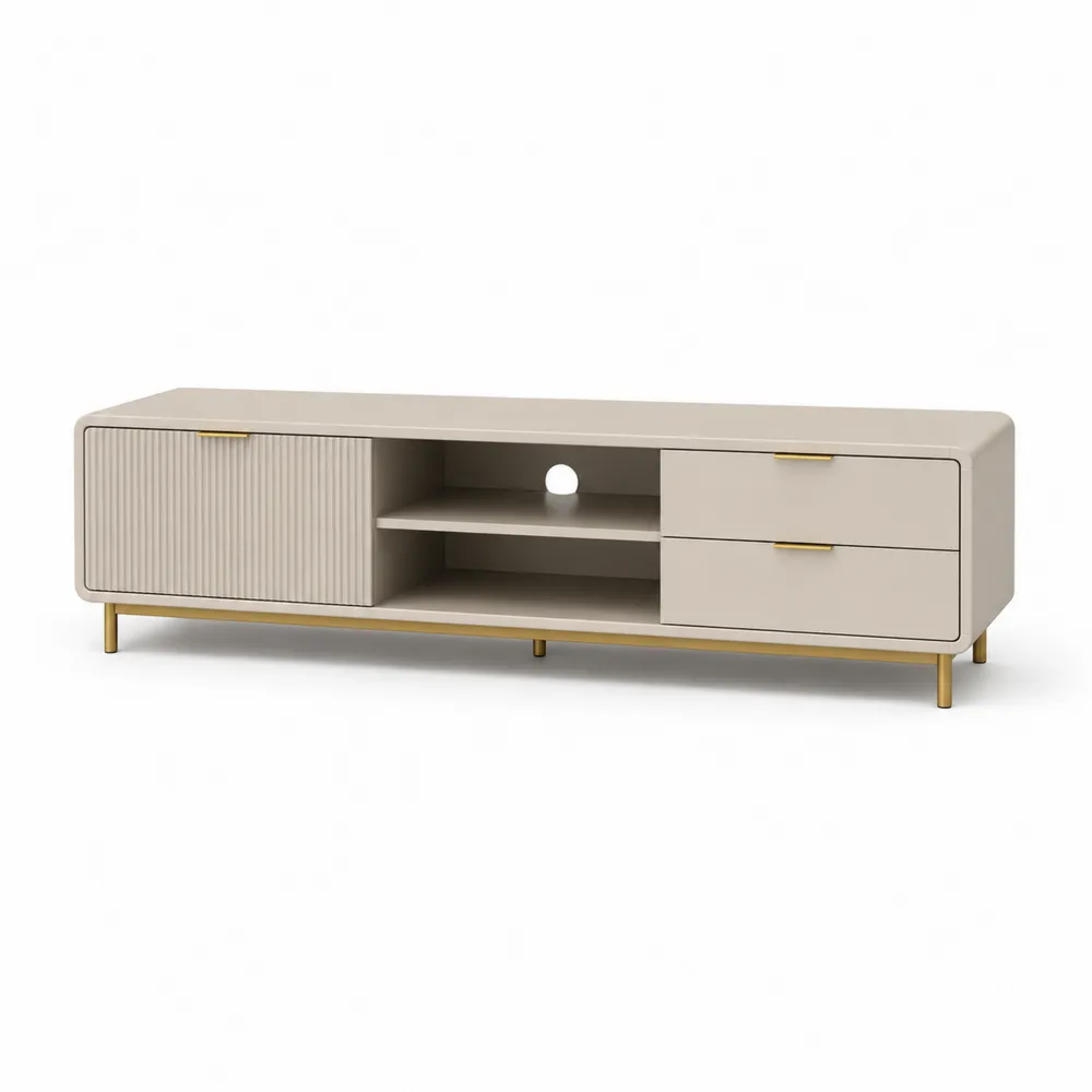 Mueble de TV de Madera y Metal con Puertas y Cajones Beige-Dravtrivoqelx