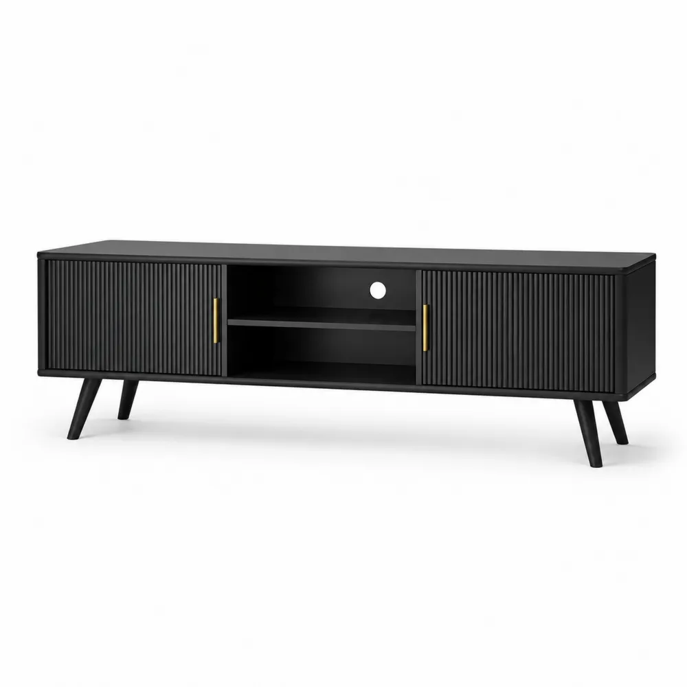 Mueble de TV de MDF negro con patas de acero 150x40x50 cm-Dravtrivoqelx