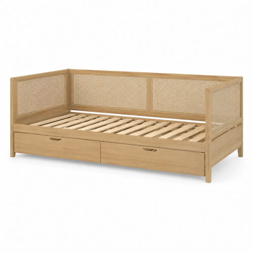 Cama de Madera de Roble con Ratán y Cajones 200x90 cm-Dravtrivoqelx